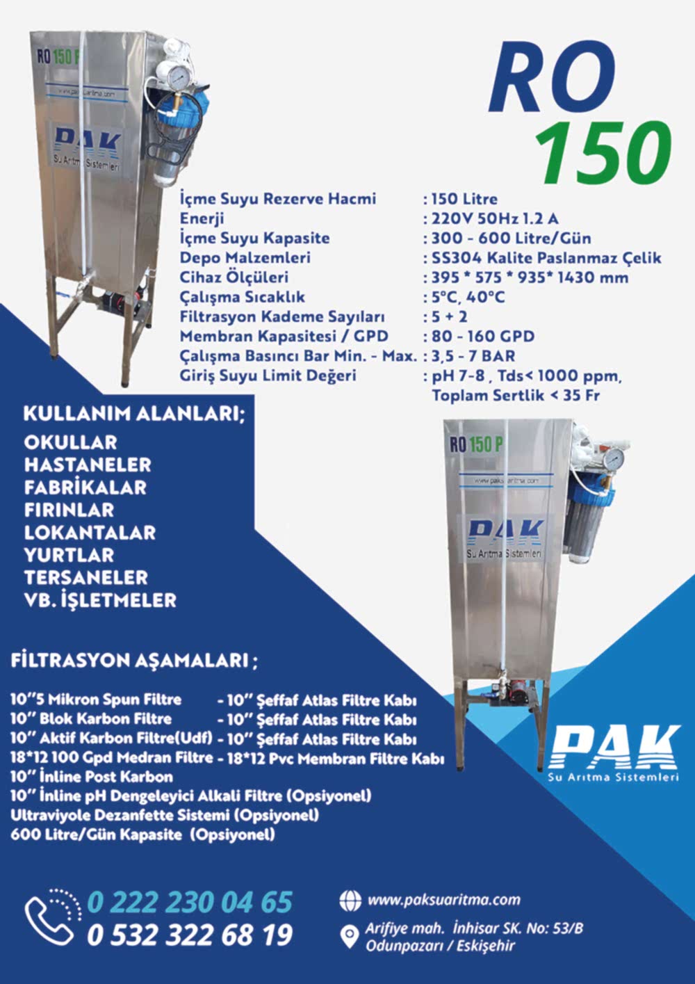 ro150 su artıma cihazı, saf su, sağlıklı su, arıtma sistemleri, endüstriyel su arıtma cihazı